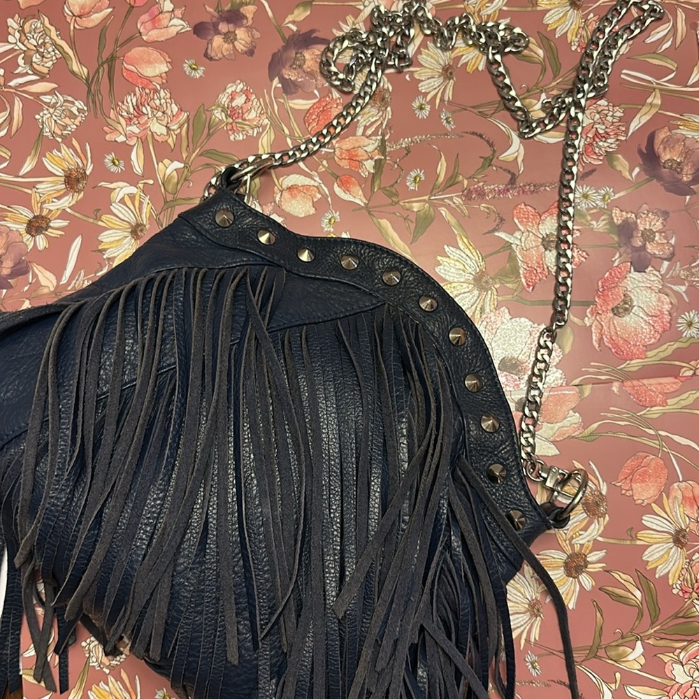 Blue fringe, Genuine Leather crossbody bag. frosting by Mary Norton. - Picture 3 of 7